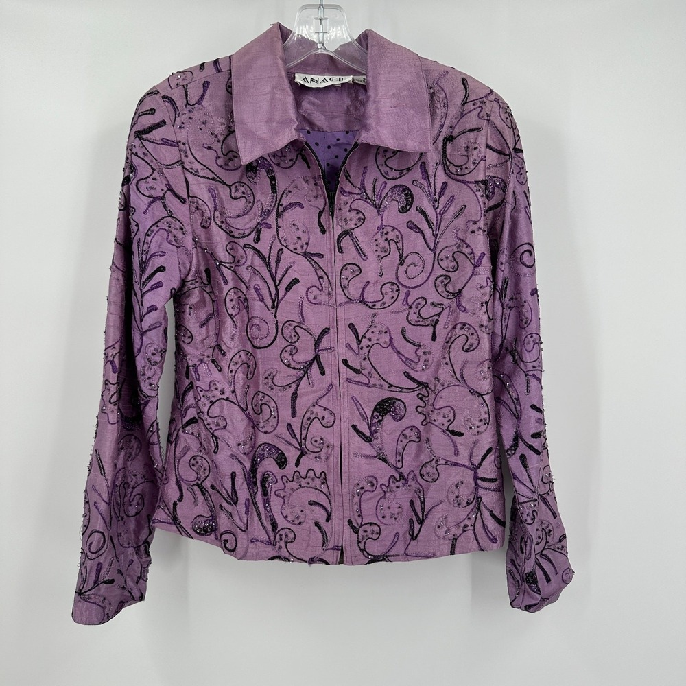 Womens Boho Silk Embroidered Beaded‎ Jacket Size S Sequin Purple Artisan Evening